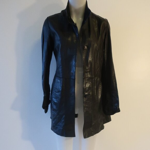 Womens Bloomingdale's Black Mid-Length Button-Up Leather Jacket S - Picture 1 of 10